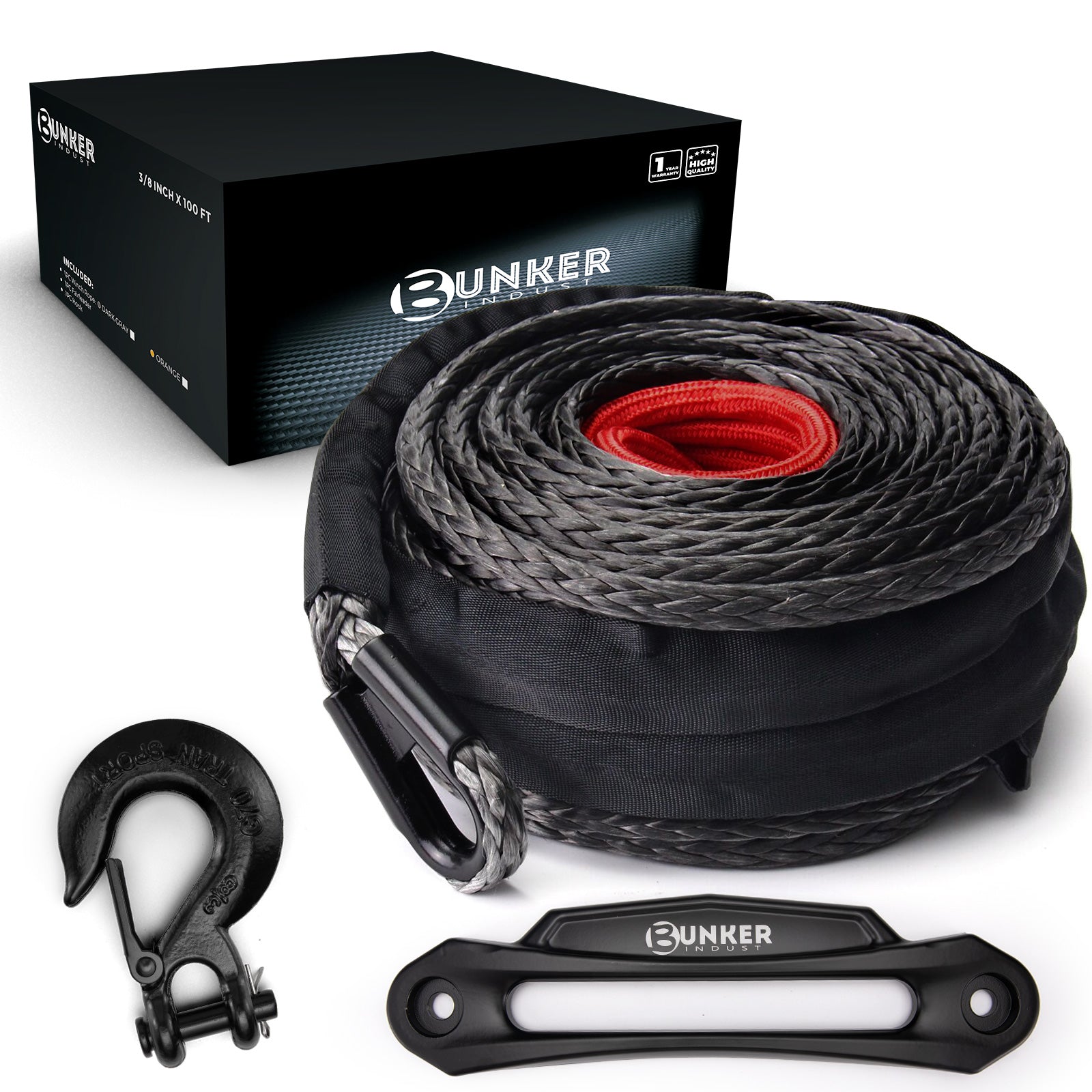 BUNKER INDUST Synthetic Winch Rope Kit,3/8" x 100' 23809LBS Winch Line Cable Replacement with Protective Sleeve+Winch Fairlead+Hook