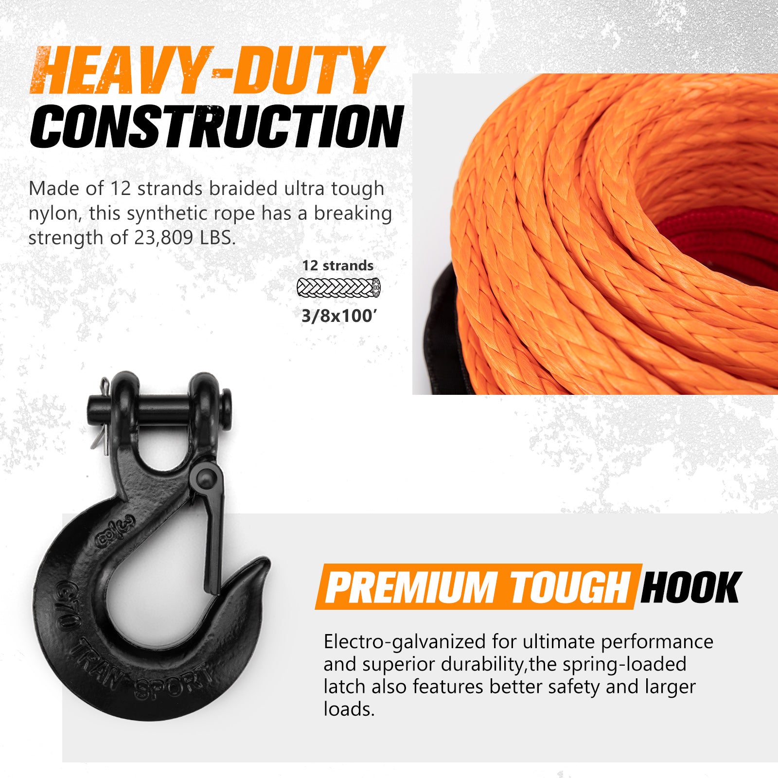 BUNKER INDUST Synthetic Winch Rope Kit,3/8" x 100' 23809LBS Winch Line Cable Replacement with Protective Sleeve+Winch Fairlead+Hook