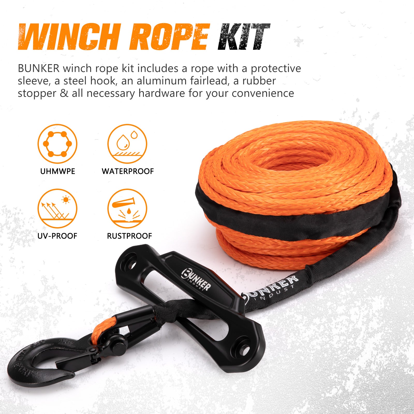 BUNKER INDUST Synthetic Winch Rope Kit,3/8" x 100' 23809LBS Winch Line Cable Replacement with Protective Sleeve+Winch Fairlead+Hook