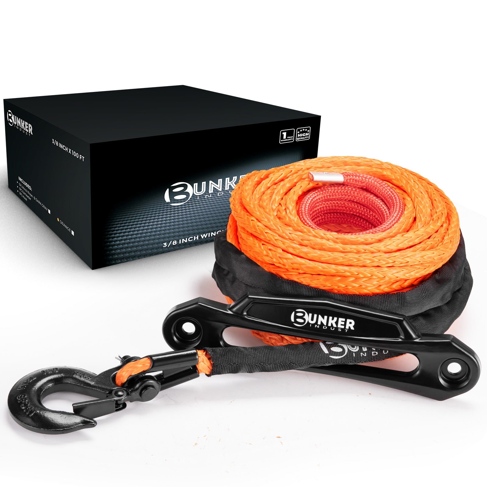 BUNKER INDUST Synthetic Winch Rope Kit,3/8" x 100' 23809LBS Winch Line Cable Replacement with Protective Sleeve+Winch Fairlead+Hook