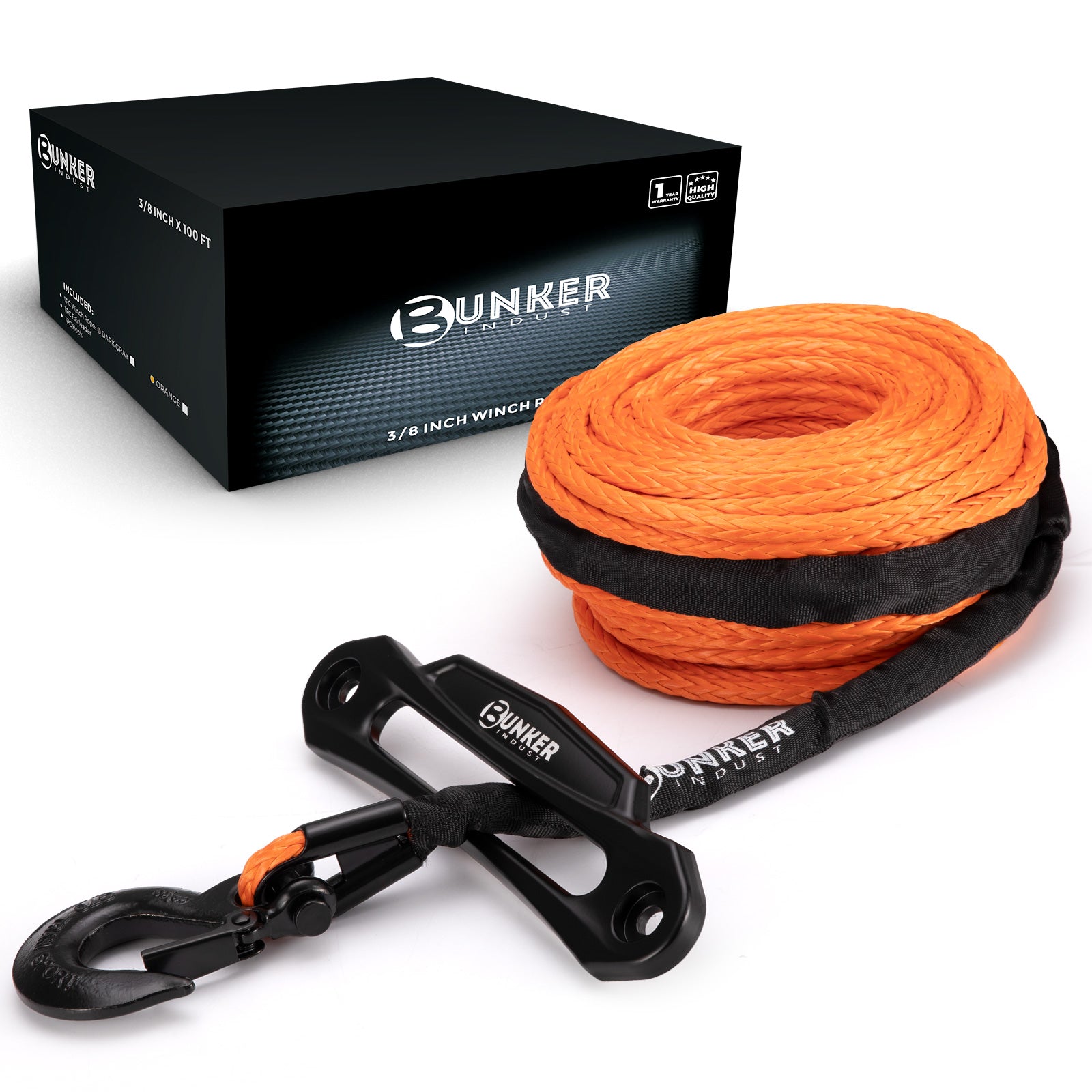 BUNKER INDUST Synthetic Winch Rope Kit,3/8" x 100' 23809LBS Winch Line Cable Replacement with Protective Sleeve+Winch Fairlead+Hook