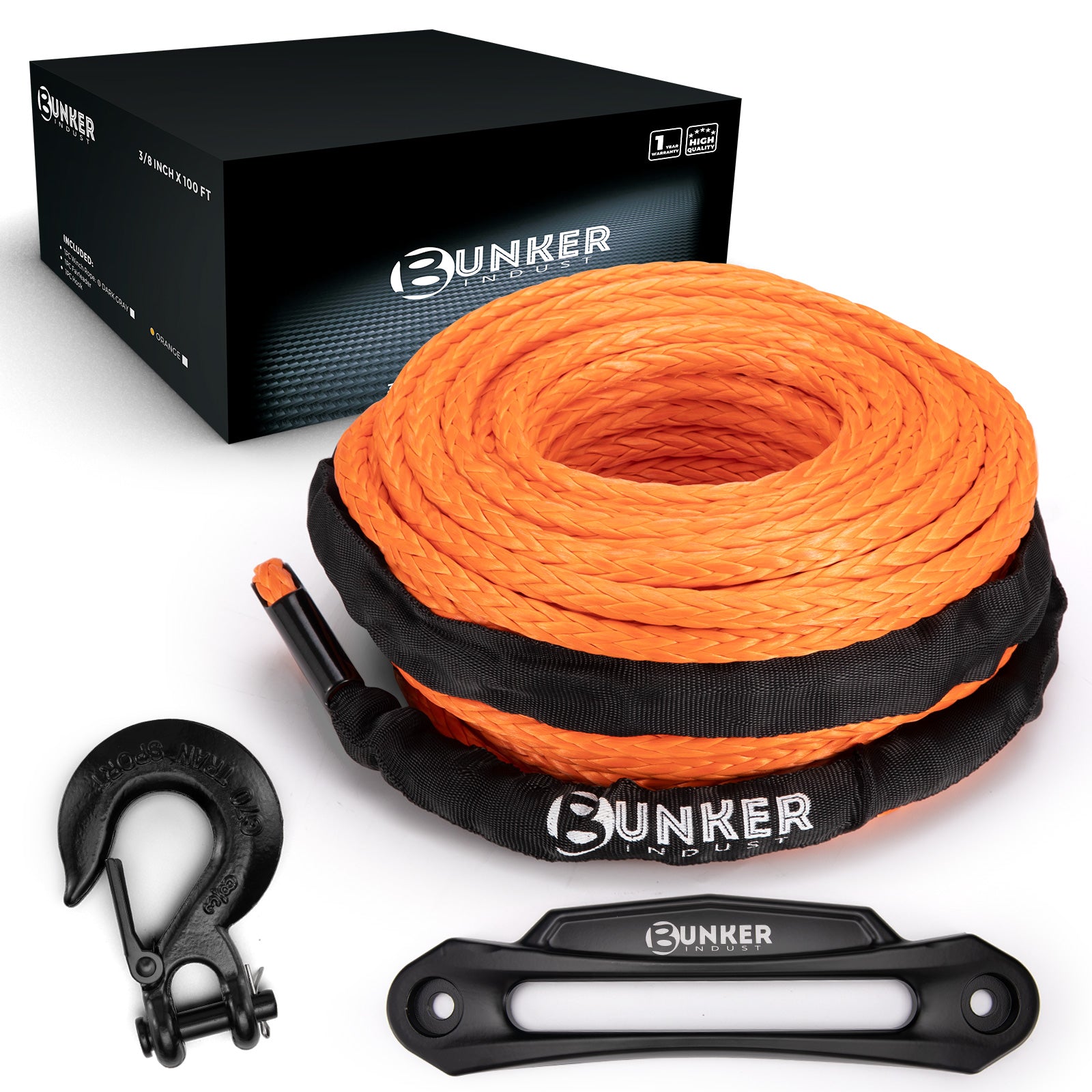 BUNKER INDUST Synthetic Winch Rope Kit,3/8" x 100' 23809LBS Winch Line Cable Replacement with Protective Sleeve+Winch Fairlead+Hook
