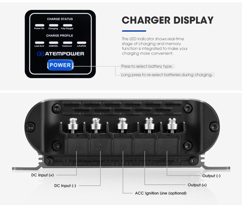 ATEM POWER 12V 30A DC to DC Battery Charger System Kit Isolator Dual Battery