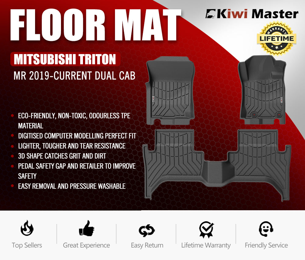 KIWI MASTER 3D TPE Car Floor Mats Liner fit Mitsubishi Triton MR 2019-Current Dual Cab w/ electric seats
