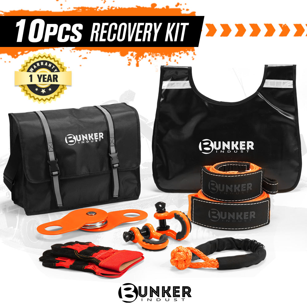 BUNKER INDUST 4WD Complete Recovery Kit Off Road Snatch Strap Dampener 9PCS 4x4