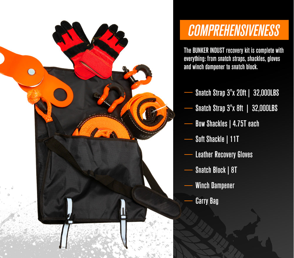 BUNKER INDUST 4WD Complete Recovery Kit Off Road Snatch Strap Dampener 9PCS 4x4