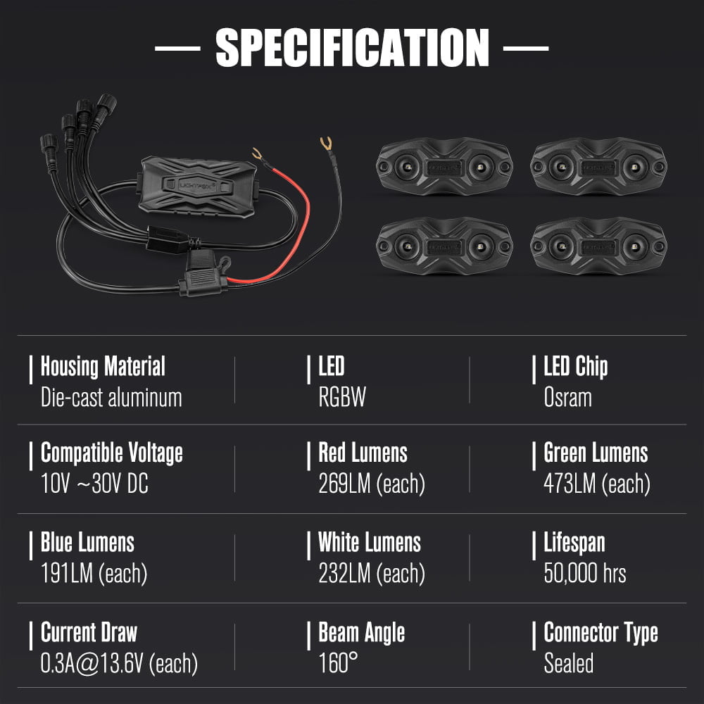 LIGHTFOX RGBW LED Rock Lights - 4 Pack