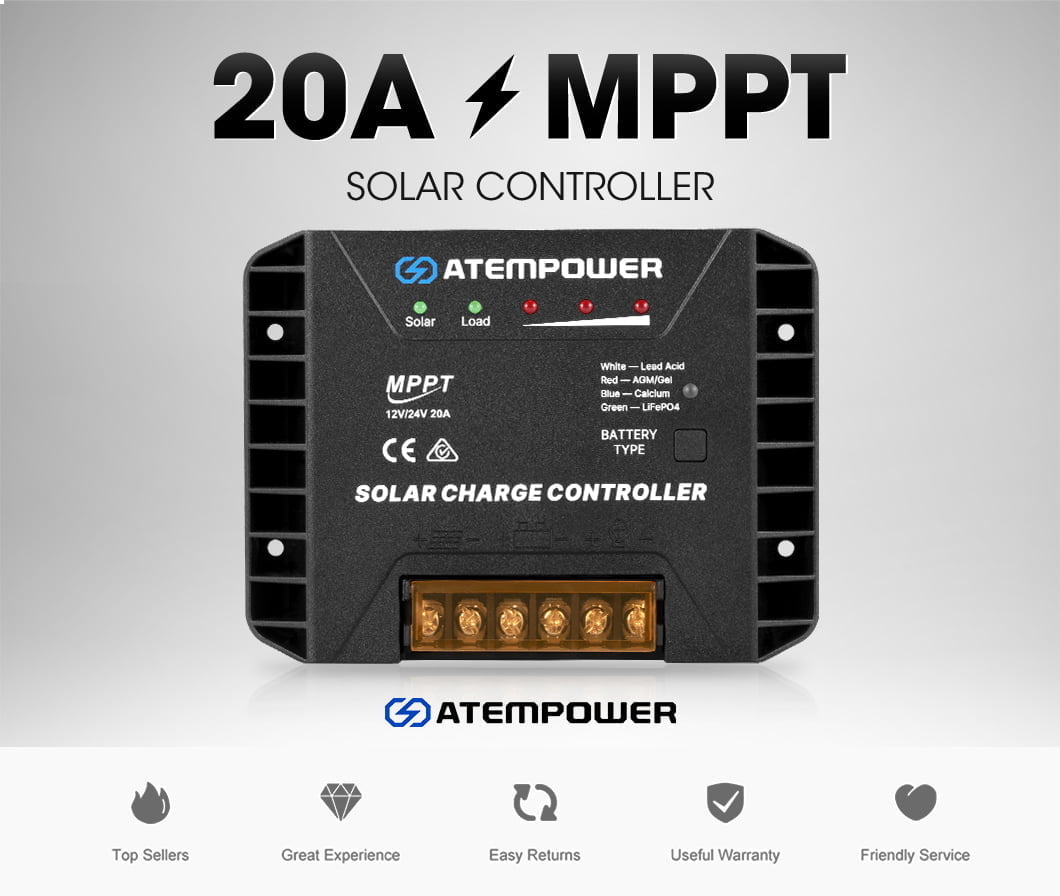 ATEM POWER 20A MPPT Solar Charge Controller 12V/24V Solar Panel Battery Regulator