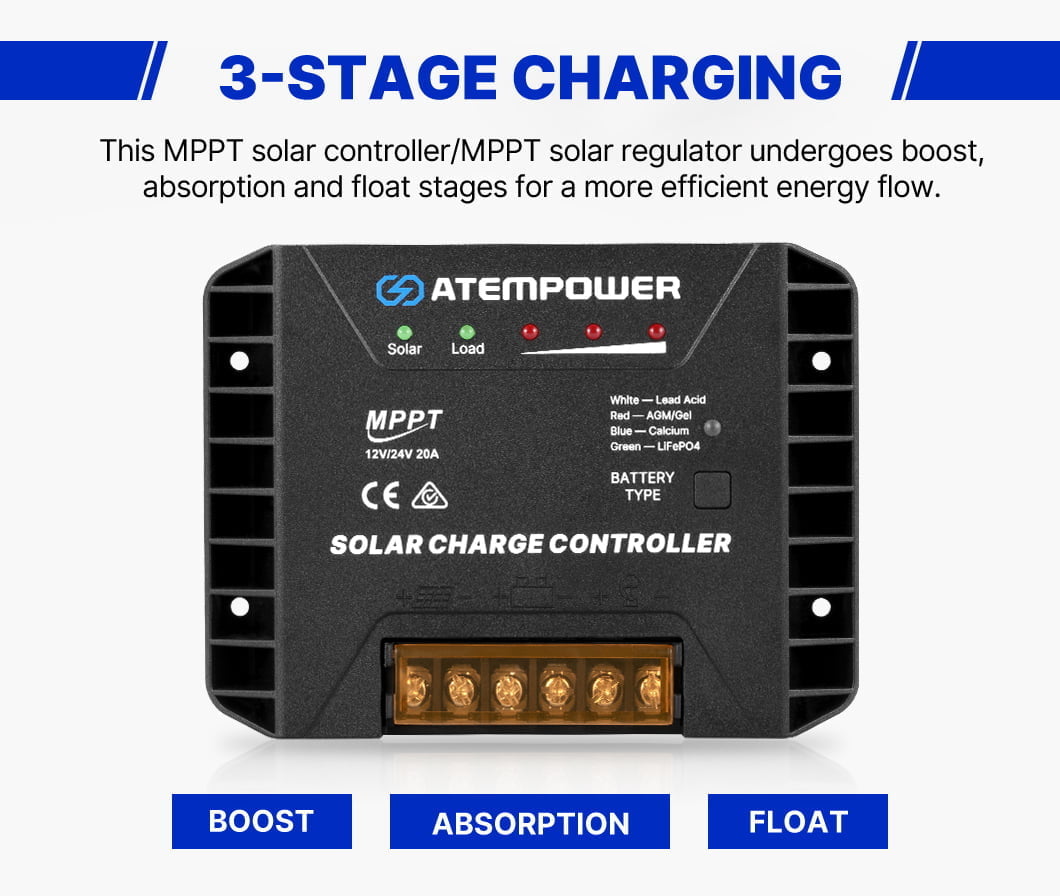 ATEM POWER 20A MPPT Solar Charge Controller 12V/24V Solar Panel Battery Regulator