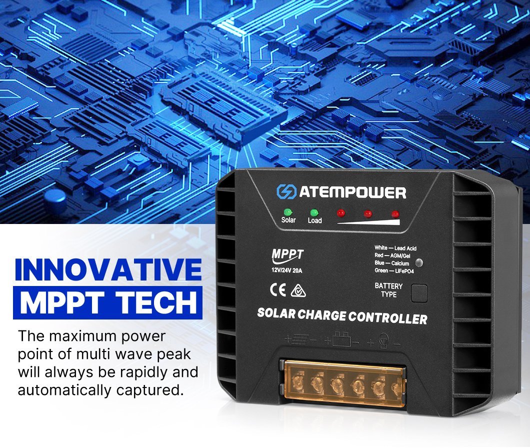 ATEM POWER 20A MPPT Solar Charge Controller 12V/24V Solar Panel Battery Regulator